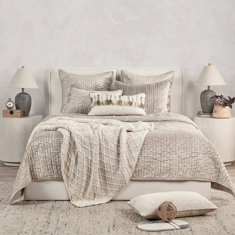 Velvet quilt set with matching shams from Classic Home Bari collection, featuring a plush, luxurious fabric in rich tones.