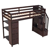 DreamHaus loft bed with built-in storage drawers, stairs with shelves, and a sturdy wooden frame for space-saving bedroom decor.