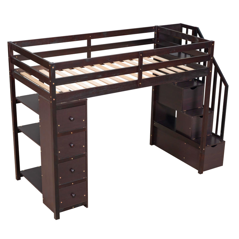 DreamHaus loft bed with built-in storage drawers, stairs with shelves, and a sturdy wooden frame for space-saving bedroom decor.