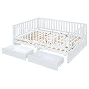 DreamHaus storage daybed with fence guardrails, two drawers, split into floor bed and daybed, shown with neutral bedding.
