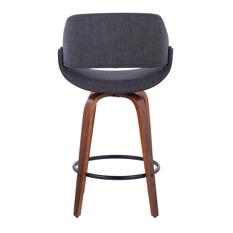 Lumi Source Fabrico mid-century modern fixed height counter stool set with round footrest, featuring sleek wooden seats and metal legs.