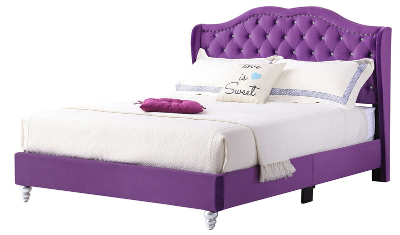 Transitional upholstered bed by Glory Furniture featuring a plush fabric headboard and sleek frame in a modern bedroom setting.