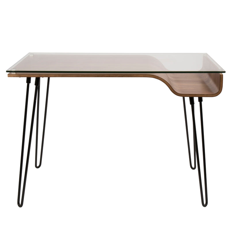 Lumi Source Avery mid-century modern desk with walnut wood finish, clear and black accents, ideal for contemporary writing spaces.