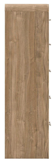 Signature Design by Ashley five-drawer chest in warm natural brown wood with sleek accent chest style.