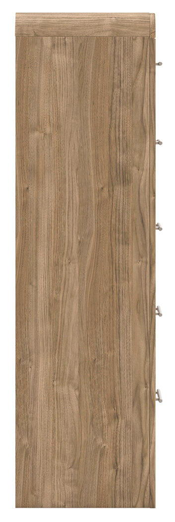 Signature Design by Ashley five-drawer chest in warm natural brown wood with sleek accent chest style.