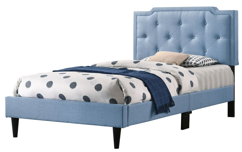 Button tufted upholstered bed by Glory Furniture with a cozy, plush design and elegant button details in a charming bedroom setting.