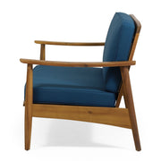 Outdoor acacia wood loveseat set with two chairs and coffee table, ideal for patio or garden seating by Noble House.