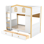 White and natural twin over twin bunk bed by Dreamland with house-shaped guardrails, storage shelves, and drawers.