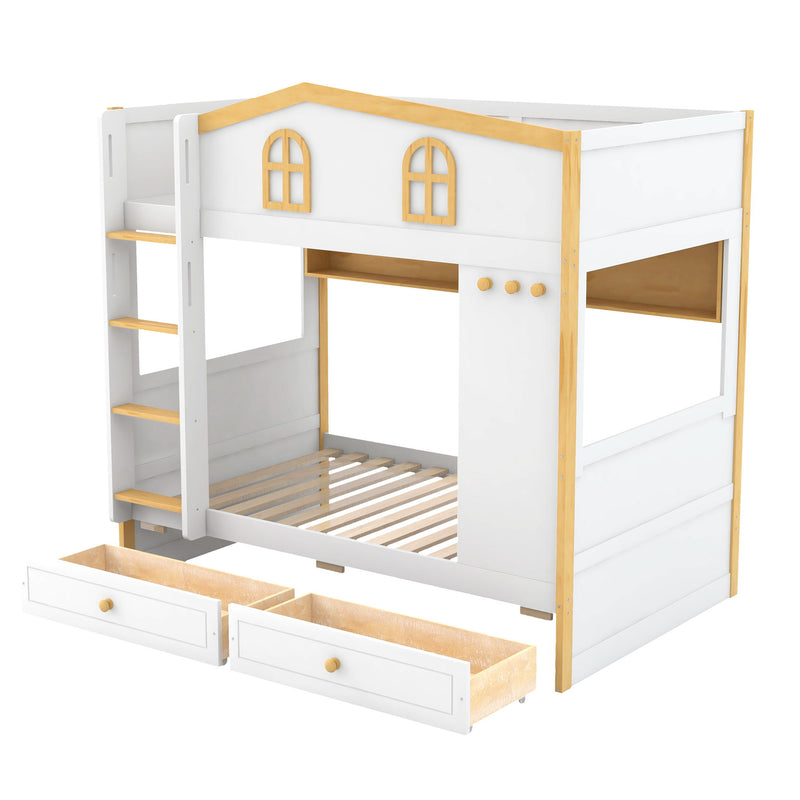 White and natural twin over twin bunk bed by Dreamland with house-shaped guardrails, storage shelves, and drawers.