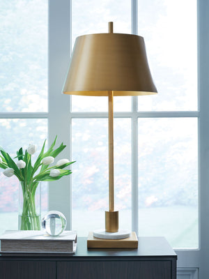Fritzburn - Metal Table Lamp - Gold Finish / White - R&R Furniture Gallery (Fountain Valley, CA)