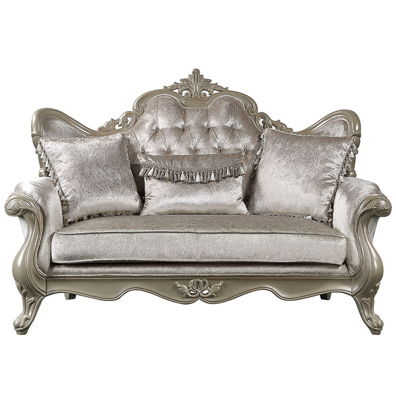 Libertee - Loveseat With 3 Pillows - Beige Fabric & Champagne - R&R Furniture Gallery (Fountain Valley, CA)