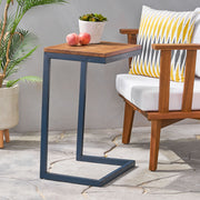 Noble House C-shaped end table with iron base and fir wood top, designed as a stylish chair side table for living spaces.