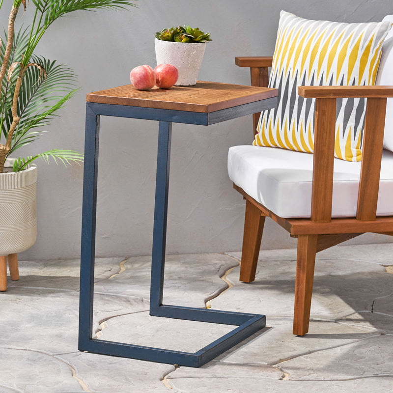 Noble House C-shaped end table with iron base and fir wood top, designed as a stylish chair side table for living spaces.