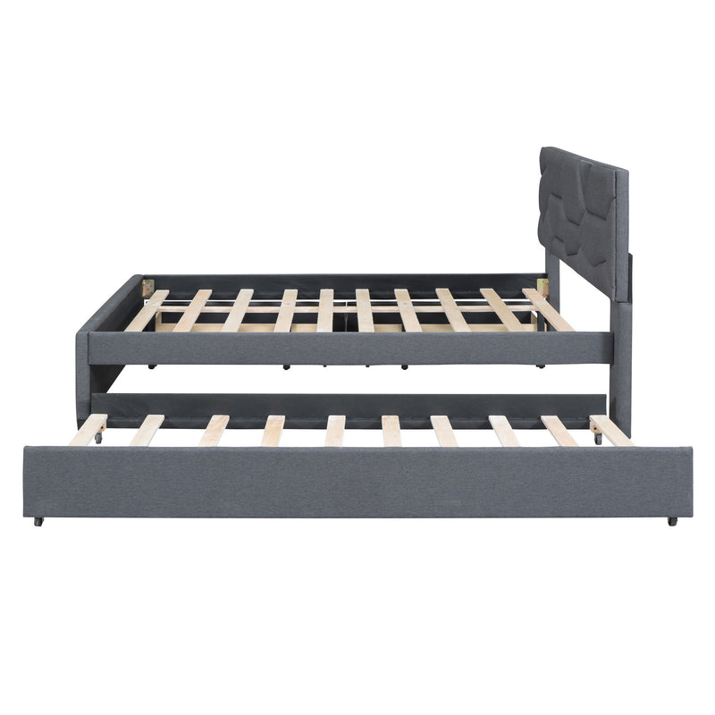 Upholstered Platform Bed With Brick Pattern Headboard And Twin Long Size Trundle - R&R Furniture Gallery (Fountain Valley, CA)