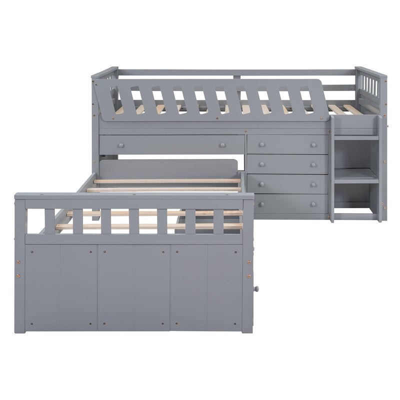 DreamHaus loft platform bed with 7 drawers, full guardrails, and a modern L-shaped design for space-saving bedroom furniture.