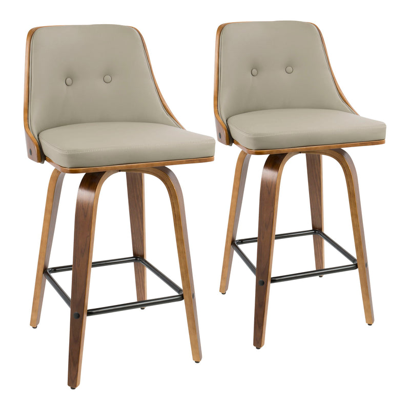 Two Gianna mid-century modern counter stools by Lumi Source with wooden legs and upholstered seats, set against a neutral background.