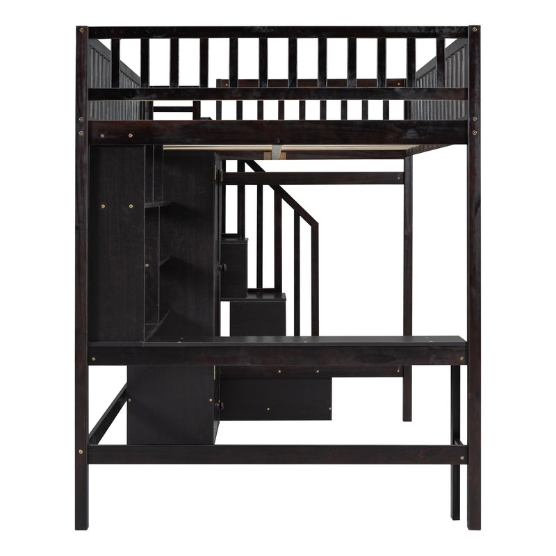 DreamHaus loft bed with built-in bookshelf, drawers, desk, and wardrobe, showcasing a multi-functional space-saving bedroom furniture piece.