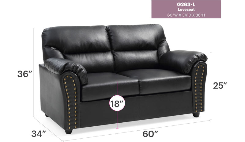 Black padded reclining love seat from Glory Furniture designed for modern living room comfort.