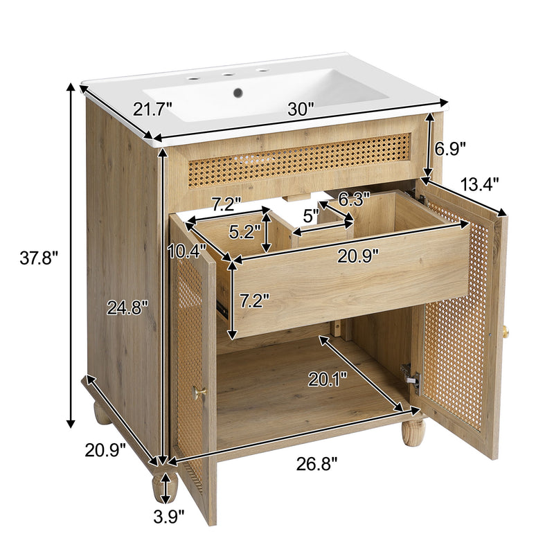 Bathroom Vanity With Handwoven Rattan Doors, Resin Basin - Natural Wood - R&R Furniture Gallery (Fountain Valley, CA)