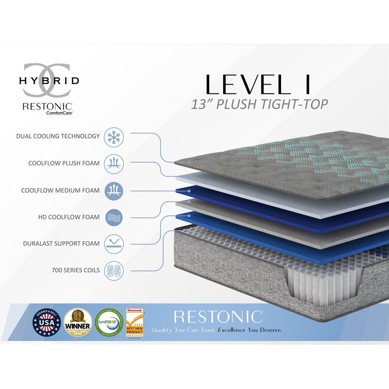 Restonic Comfort Care 13-inch hybrid mattress with plush comfort, featuring a layered design and soft fabric cover.