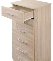 Glory Furniture Boston lingerie chest with six drawers, wooden finish, and decorative metal handles on a bedroom setting.