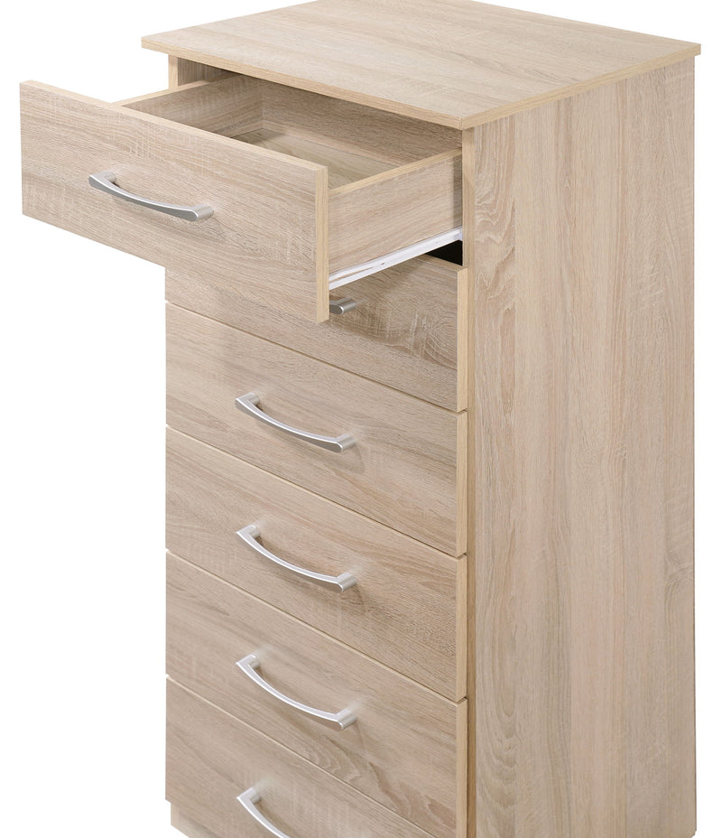 Glory Furniture Boston lingerie chest with six drawers, wooden finish, and decorative metal handles on a bedroom setting.