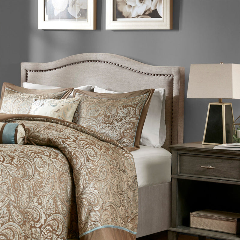 Elegant Panel Headboard With Copper Nailheads And Adjustable Metal Legs - R&R Furniture Gallery (Fountain Valley, CA)