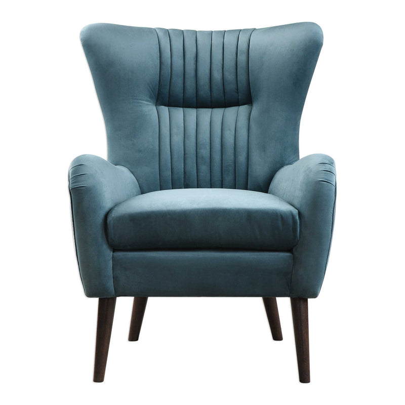 Blue Dax Mid-Century Accent Chair by Uttermost, showcasing sleek wooden legs and plush upholstered seat with a modern design.