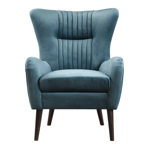 Blue Dax Mid-Century Accent Chair by Uttermost, showcasing sleek wooden legs and plush upholstered seat with a modern design.