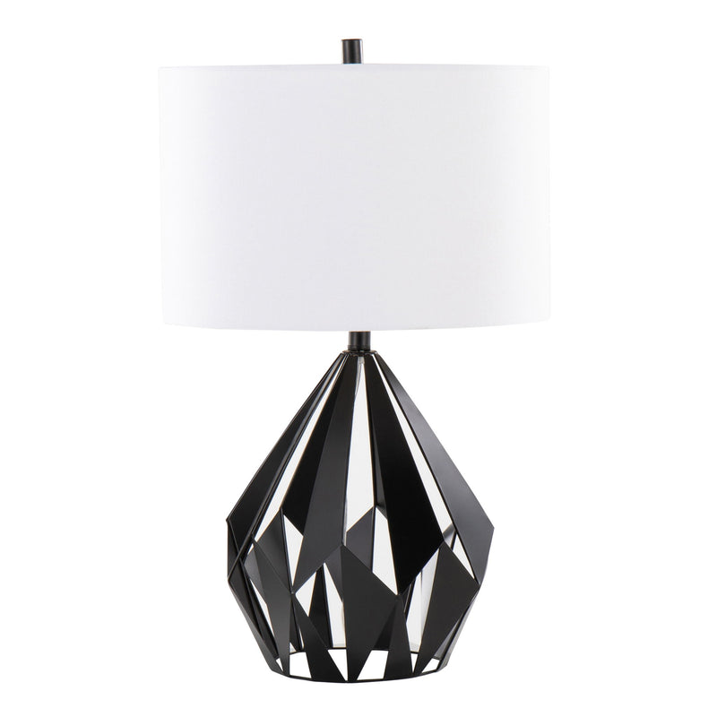 Pair of Lumi Source Geo Me Tri contemporary table lamps with matte black and white finishes, featuring geometric triangular bases.