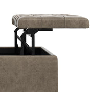 Brown Harrison square coffee table ottoman by Simpli-Home with a cushioned top and wooden legs, perfect for living room decor.