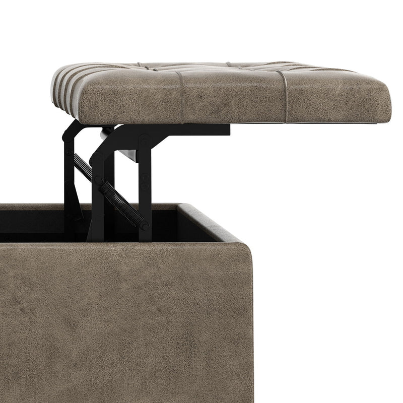 Brown Harrison square coffee table ottoman by Simpli-Home with a cushioned top and wooden legs, perfect for living room decor.