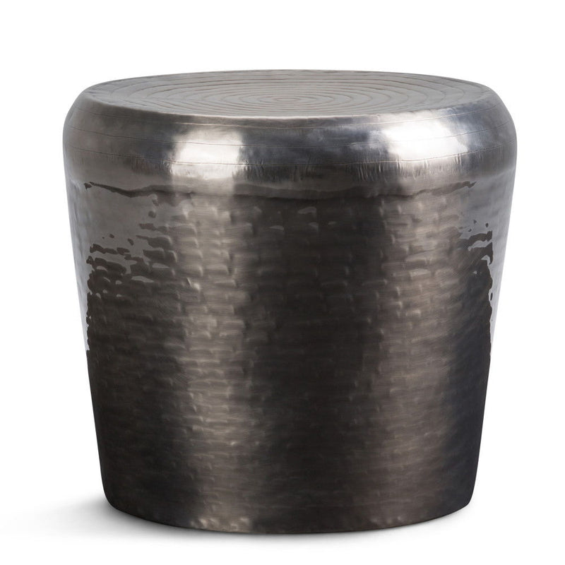 Simpli-Home Troy metal accent table in antique silver with a sleek, modern design and metallic finish.