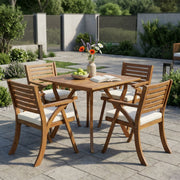 Outdoor Hermosa 5-piece wood dining set with beige cushions by Noble House, featuring teak finish and modern design.