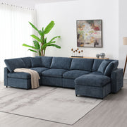 Luxe & Co. modern modular cloud sofa bed with 6 seats, U-shaped sectional couch and ottoman in a stylish living room setting