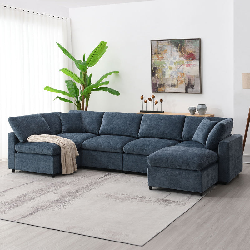 Luxe & Co. modern modular cloud sofa bed with 6 seats, U-shaped sectional couch and ottoman in a stylish living room setting