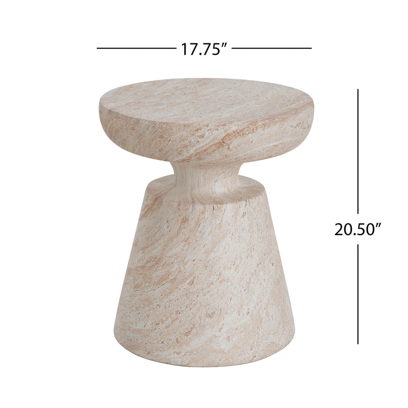Lightweight beige concrete side table with travertine top, suitable for outdoor and indoor use, by Noble House.