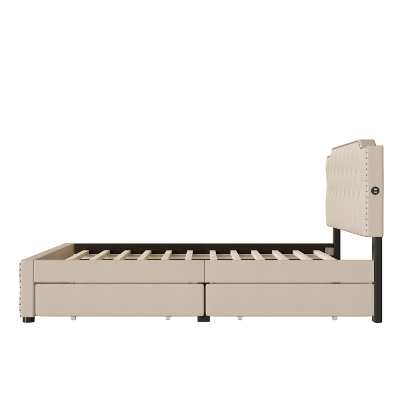 Upholstered Platform Bed With 2 Drawers And 2 Sets Of USB Ports On Each Side, Fabric - R&R Furniture Gallery (Fountain Valley, CA)