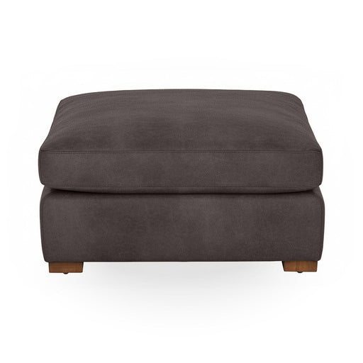 Classic Home Audrey upholstered ottoman with a cushioned top and wooden legs, ideal for living room or bedroom decor.