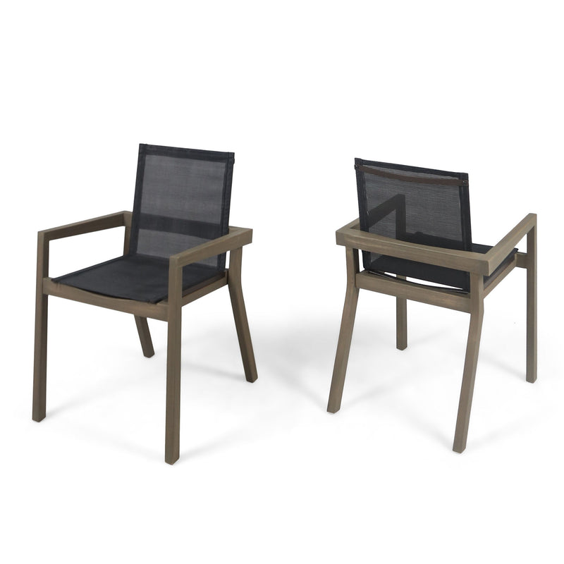 Set of two Noble House Belfast dining chairs with acacia wood frames and comfortable upholstered seating.