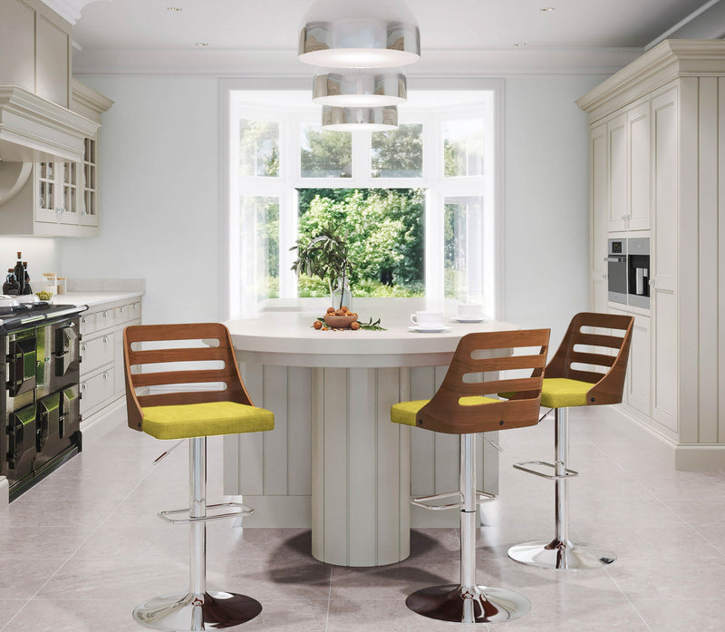 Lumi Source Trevi mid-century modern adjustable barstool with swivel, bar height (28-30 inches), featuring a sleek design and wooden accents.