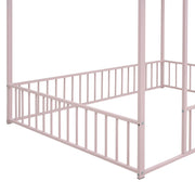 Halcyon Home metal house bed frame with canopy and fence, featuring a sturdy metal structure and cozy design for a child's bedroom.