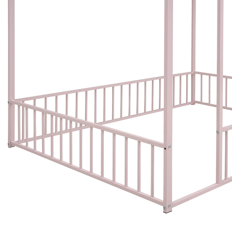 Halcyon Home metal house bed frame with canopy and fence, featuring a sturdy metal structure and cozy design for a child's bedroom.