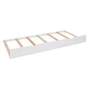 DreamHaus twin bed with all-in-one cabinet, shelf, sockets, and long trundle, featuring built-in storage and modern design.