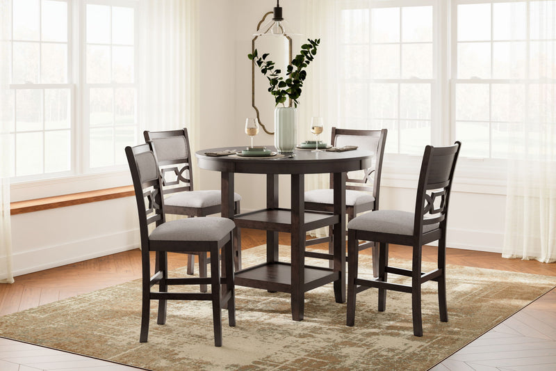 Brown Langwest 5-piece dining room counter table set by Signature Design Ashley, featuring a modern table and matching chairs.