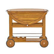 Noble House outdoor teak bar cart with foldable tabletop and removable trays, ideal for outdoor entertaining and storage.