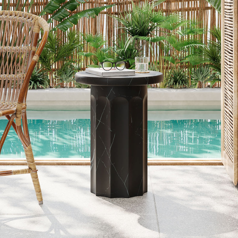 Outdoor Lightweight Concrete BMarble Effect Side Table, Living Room End Table - Black / Marble - R&R Furniture Gallery (Fountain Valley, CA)