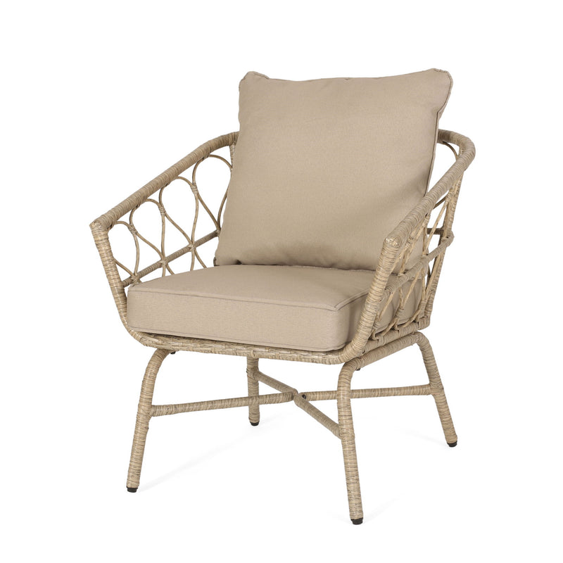Brown outdoor club chair set by Noble House with rattan frames and water-resistant cushions, ideal for patio relaxation.