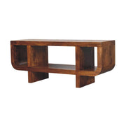Artisan Furniture Orion curved media unit in brown with open shelves and storage compartments for TVs and media devices.