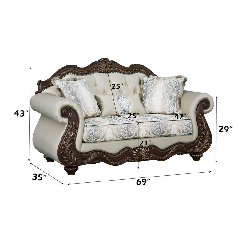 Pierce - Loveseat With 3 Pillows - Beige Fabric & Cherry - R&R Furniture Gallery (Fountain Valley, CA)